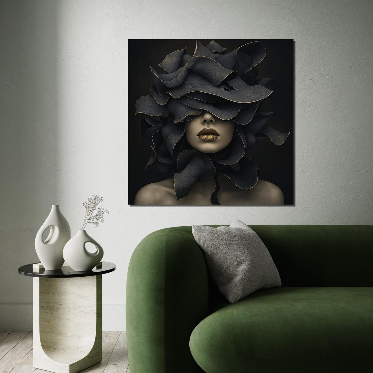 Abstract Floral Mask, Surreal Woman Canvas, Art Deco Wall Art, Modern Canvas Design, Ready to Hang Home Decoration, Elegant Gold Accents