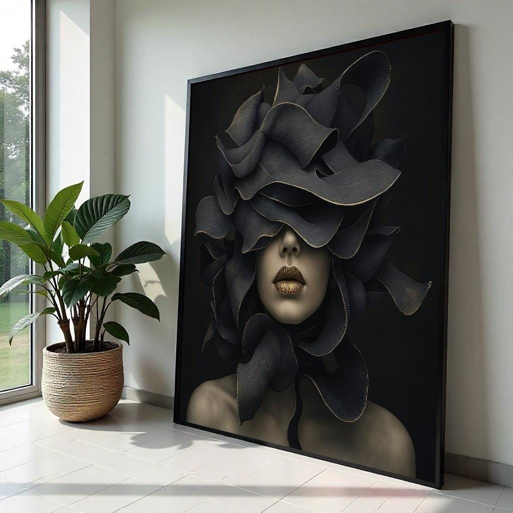 Abstract Floral Mask, Surreal Woman Canvas, Art Deco Wall Art, Modern Canvas Design, Ready to Hang Home Decoration, Elegant Gold Accents