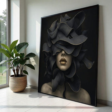 Abstract Floral Mask, Surreal Woman Canvas, Art Deco Wall Art, Modern Canvas Design, Ready to Hang Home Decoration, Elegant Gold Accents