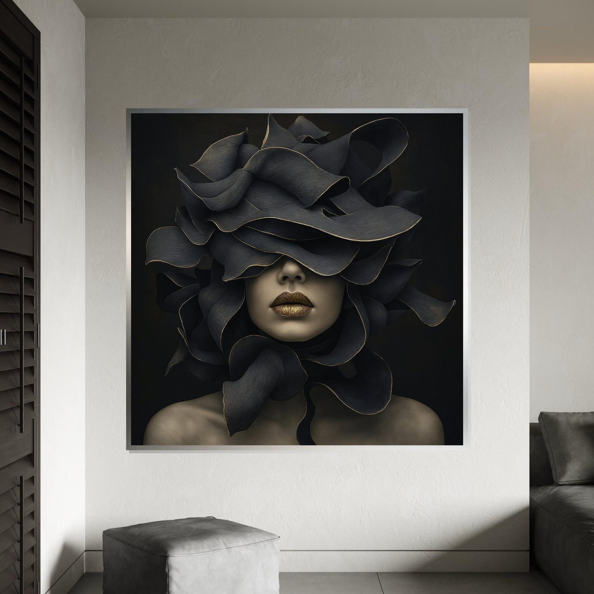 Abstract Floral Mask, Surreal Woman Canvas, Art Deco Wall Art, Modern Canvas Design, Ready to Hang Home Decoration, Elegant Gold Accents