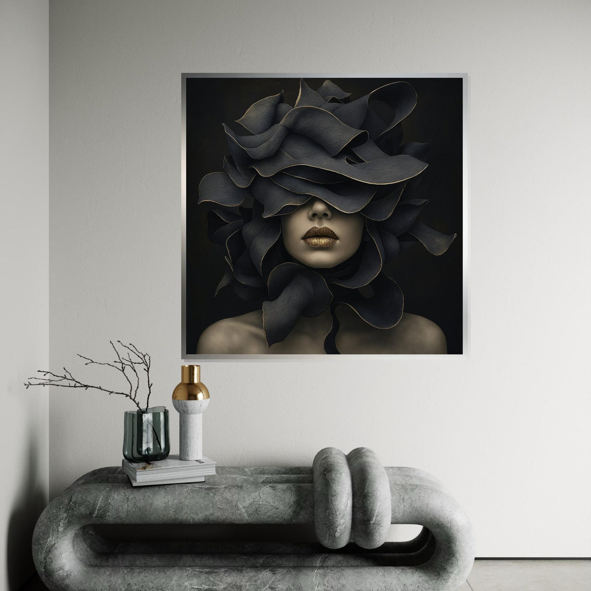 Abstract Floral Mask, Surreal Woman Canvas, Art Deco Wall Art, Modern Canvas Design, Ready to Hang Home Decoration, Elegant Gold Accents