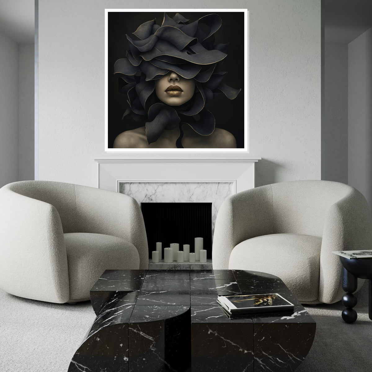Abstract Floral Mask, Surreal Woman Canvas, Art Deco Wall Art, Modern Canvas Design, Ready to Hang Home Decoration, Elegant Gold Accents