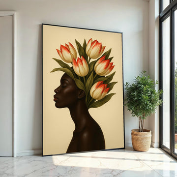 Floral Elegance Canvas, Woman with Tulip Crown Art, Botanical Wall Art, Portrait Canvas Design, Ready to Hang Decoration