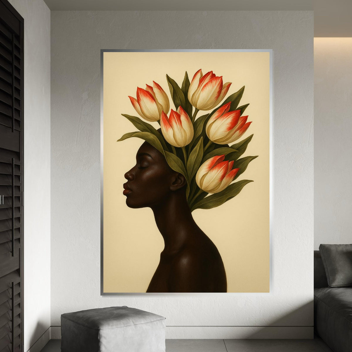 Floral Elegance Canvas, Woman with Tulip Crown Art, Botanical Wall Art, Portrait Canvas Design, Ready to Hang Decoration