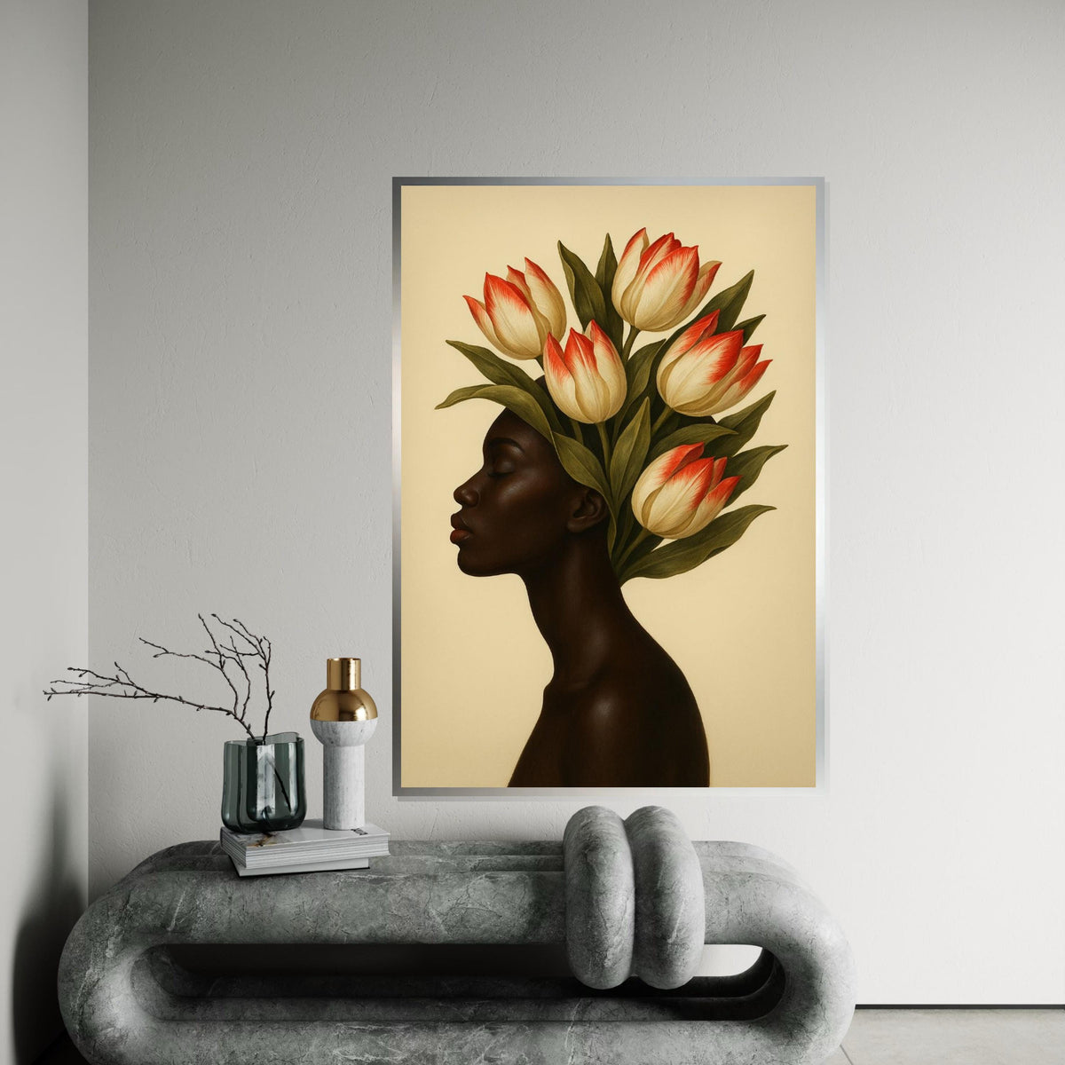 Floral Elegance Canvas, Woman with Tulip Crown Art, Botanical Wall Art, Portrait Canvas Design, Ready to Hang Decoration