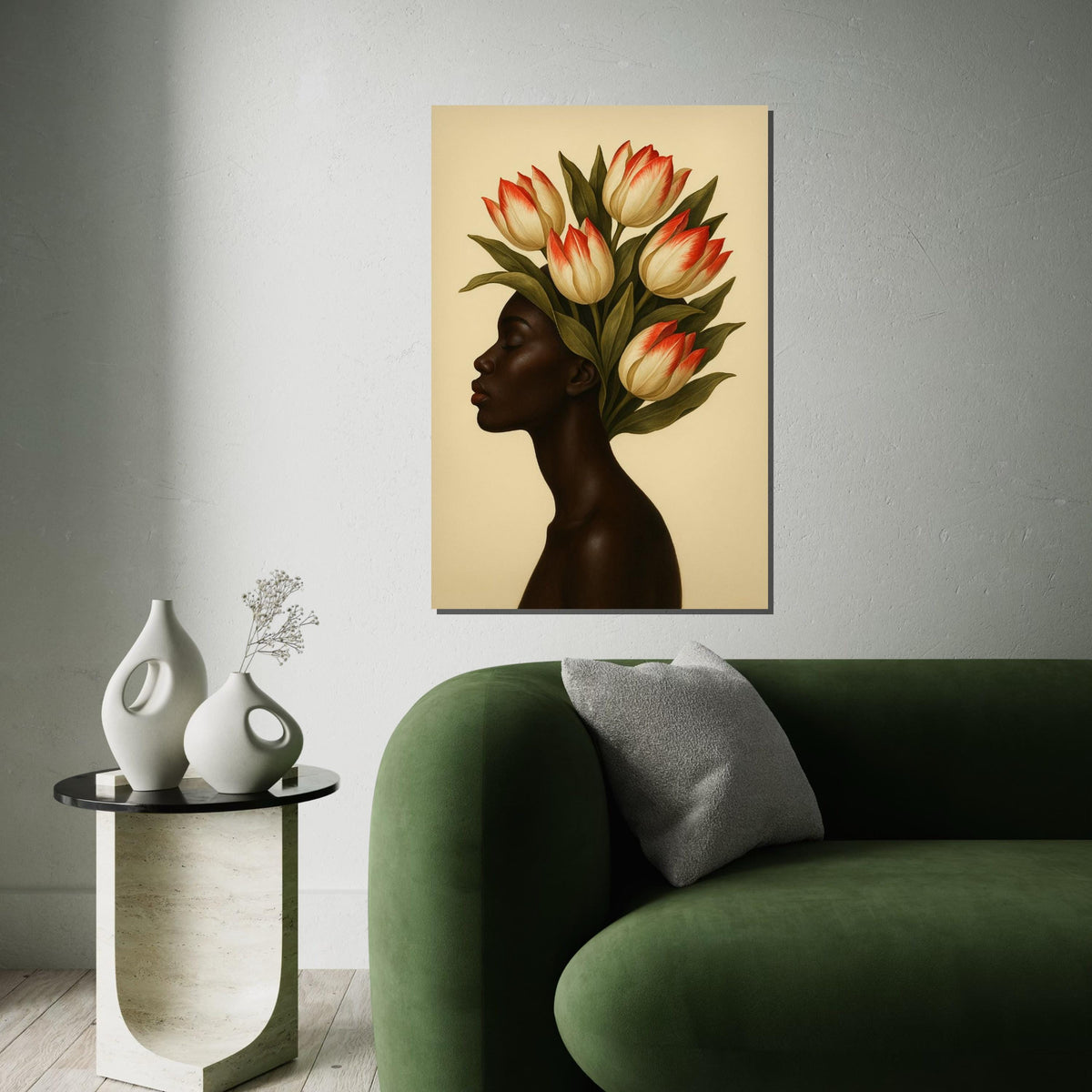 Floral Elegance Canvas, Woman with Tulip Crown Art, Botanical Wall Art, Portrait Canvas Design, Ready to Hang Decoration