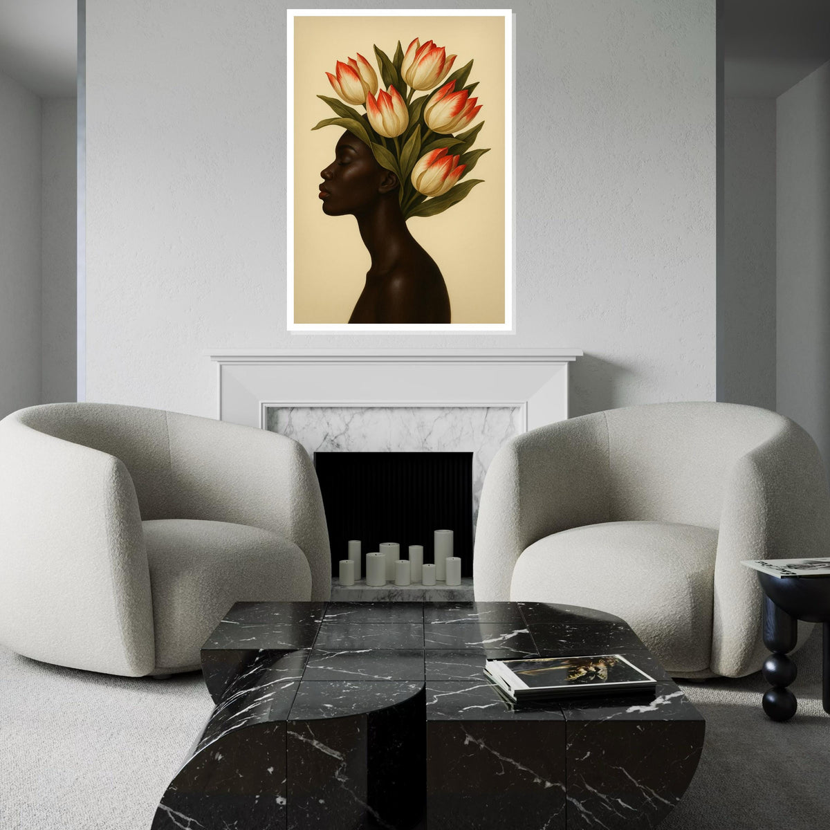 Floral Elegance Canvas, Woman with Tulip Crown Art, Botanical Wall Art, Portrait Canvas Design, Ready to Hang Decoration