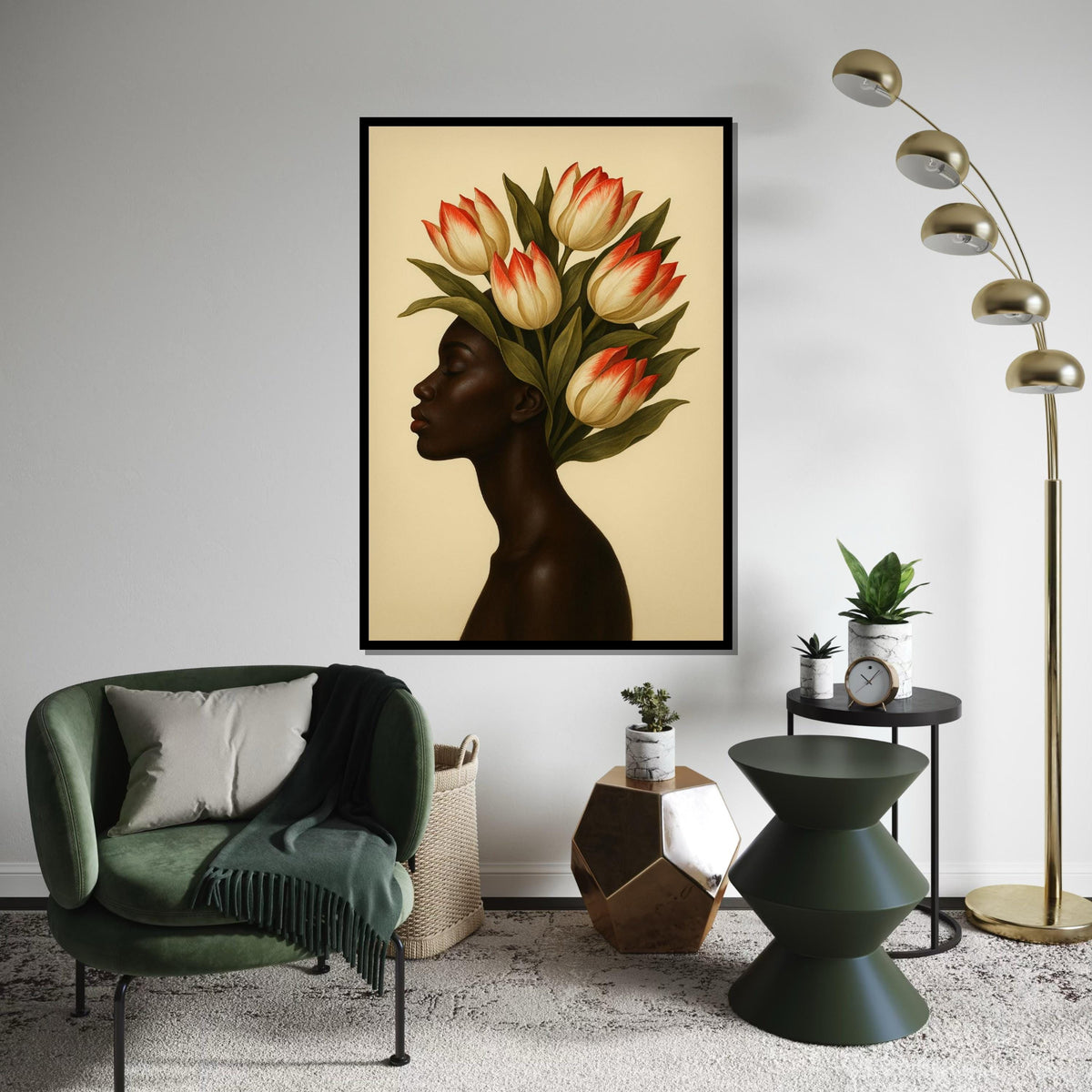 Floral Elegance Canvas, Woman with Tulip Crown Art, Botanical Wall Art, Portrait Canvas Design, Ready to Hang Decoration