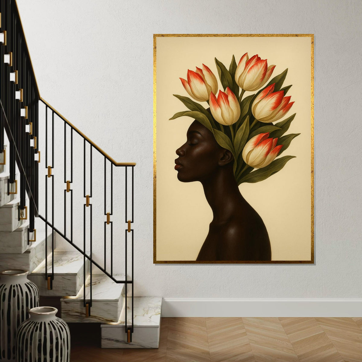 Floral Elegance Canvas, Woman with Tulip Crown Art, Botanical Wall Art, Portrait Canvas Design, Ready to Hang Decoration