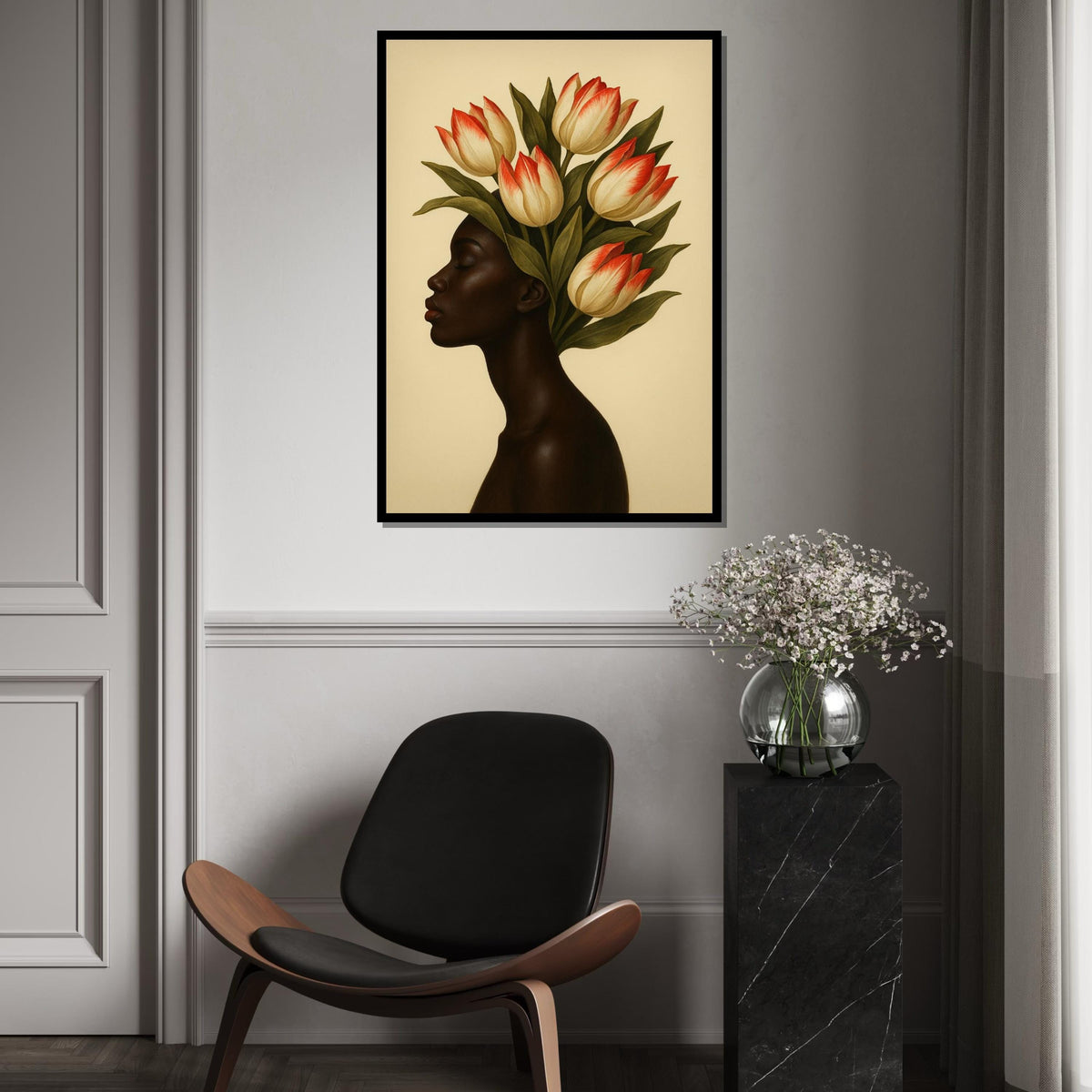 Floral Elegance Canvas, Woman with Tulip Crown Art, Botanical Wall Art, Portrait Canvas Design, Ready to Hang Decoration