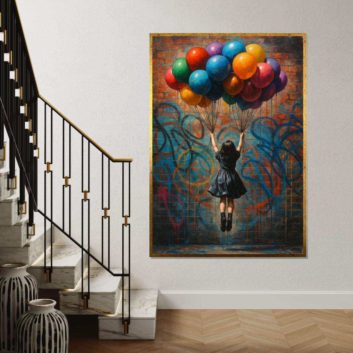 Graffiti Balloon Girl Canvas, Street Art Wall Print, Colorful Balloons Graffiti, Wall Art Canvas Design, Ready To Hang Decoration