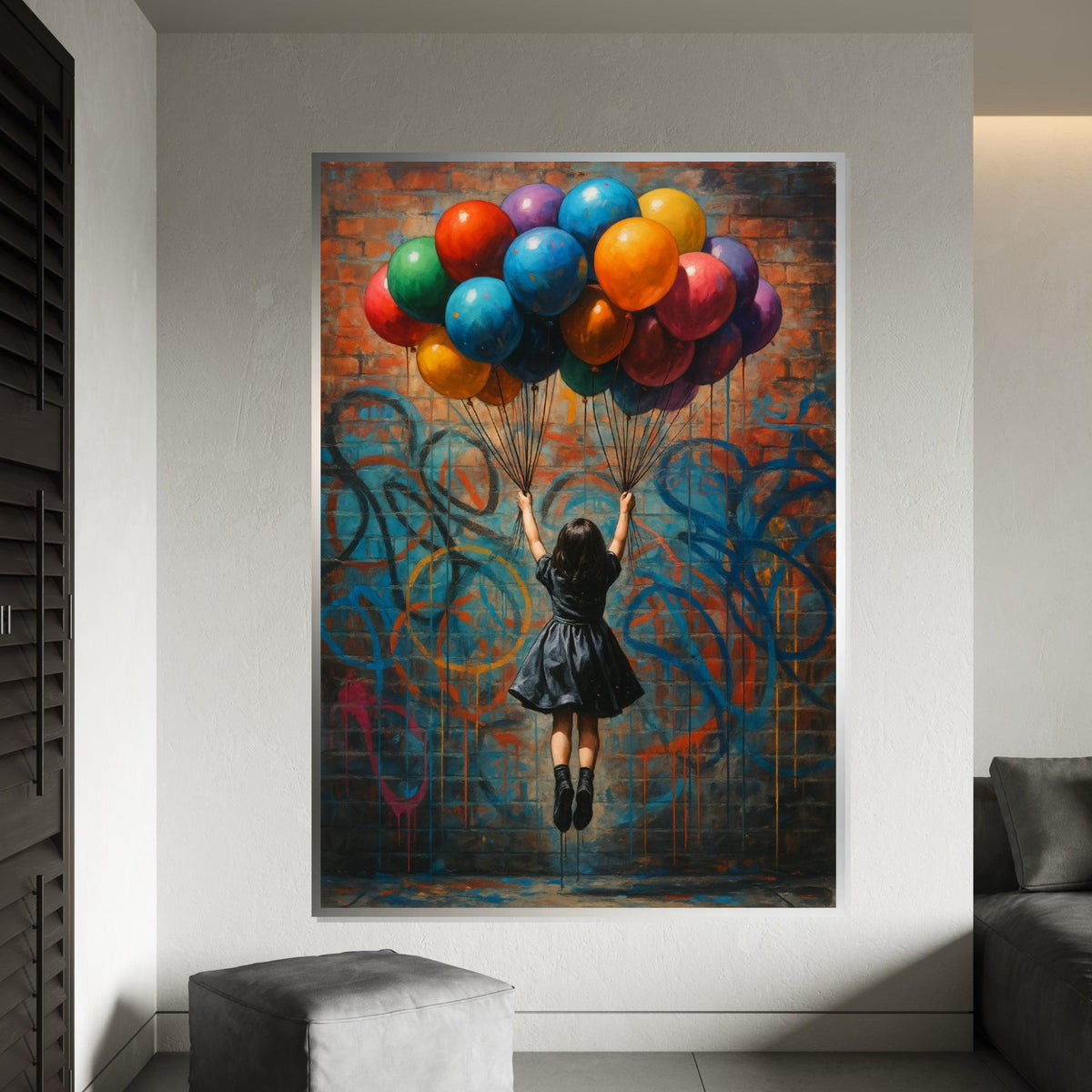 Graffiti Balloon Girl Canvas, Street Art Wall Print, Colorful Balloons Graffiti, Wall Art Canvas Design, Ready To Hang Decoration