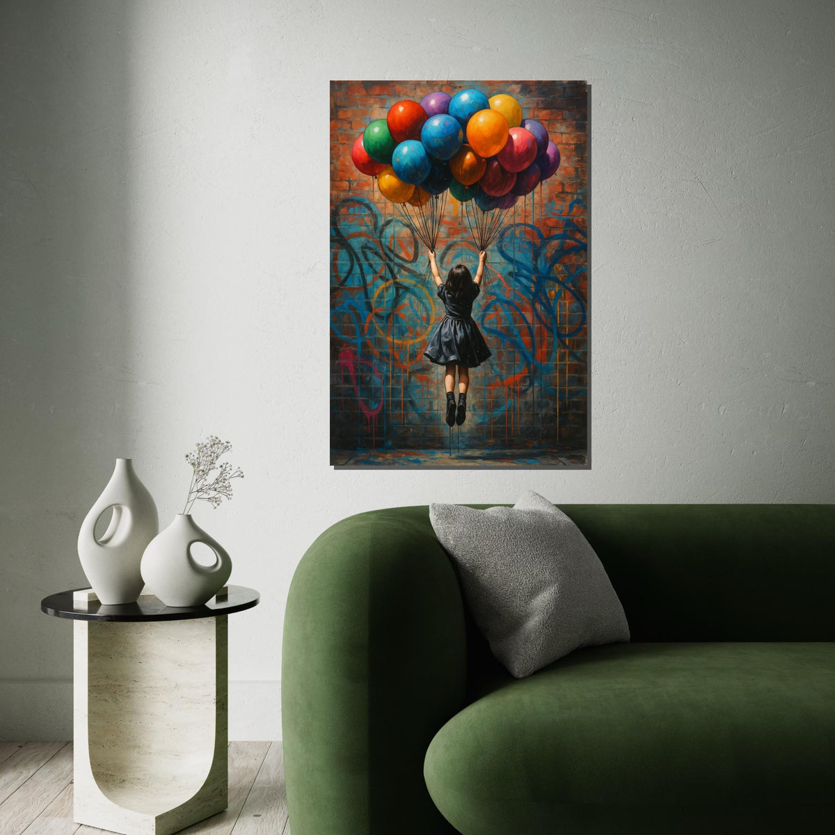 Graffiti Balloon Girl Canvas, Street Art Wall Print, Colorful Balloons Graffiti, Wall Art Canvas Design, Ready To Hang Decoration