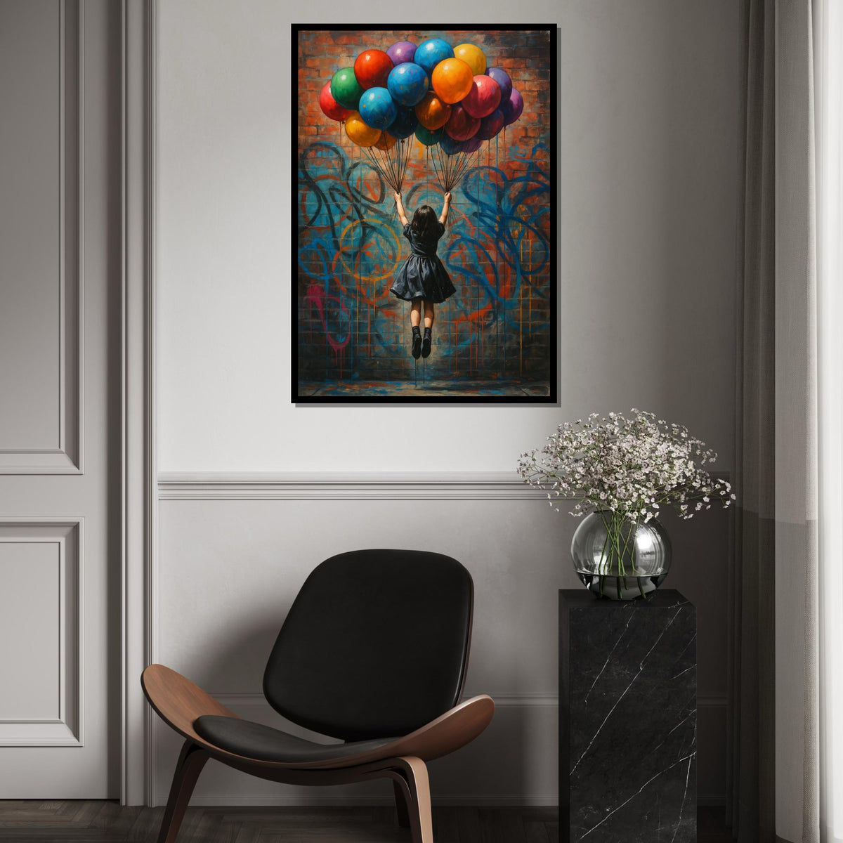 Graffiti Balloon Girl Canvas, Street Art Wall Print, Colorful Balloons Graffiti, Wall Art Canvas Design, Ready To Hang Decoration