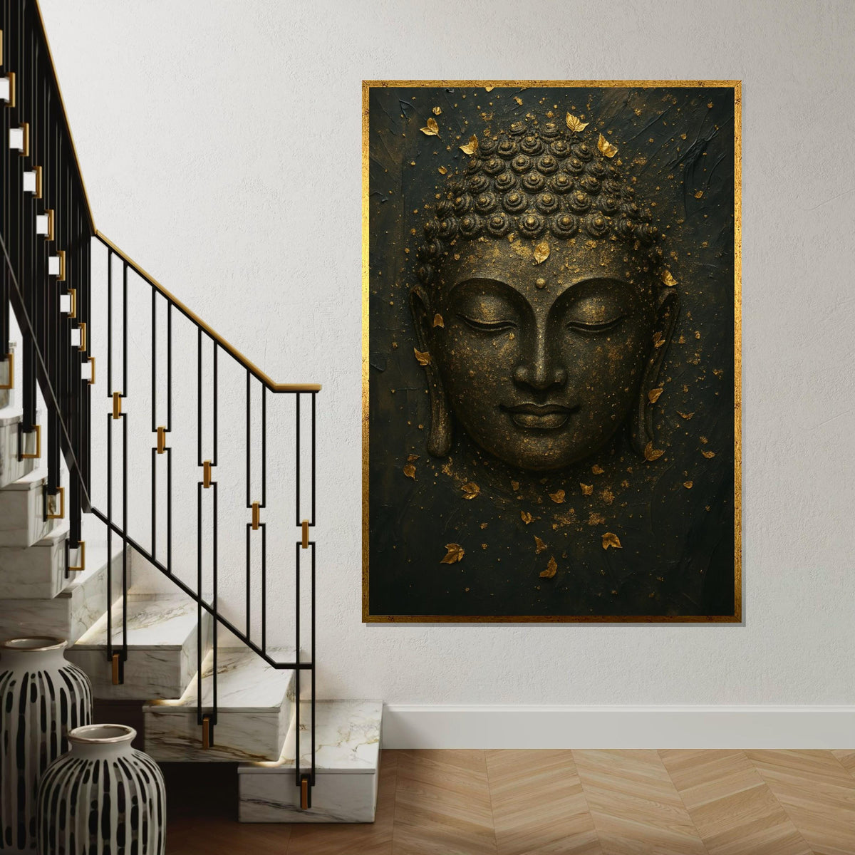 Golden Buddha Canvas, Zen Wall Art, Buddha Mindfulness Poster, Spiritual Canvas Design, Wall Decor, Ready to Hang Meditation Art