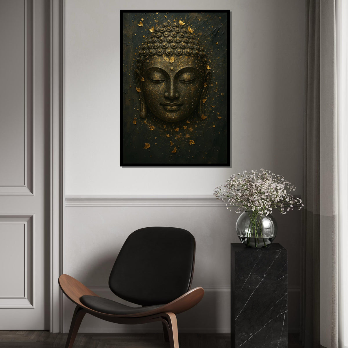 Golden Buddha Canvas, Zen Wall Art, Buddha Mindfulness Poster, Spiritual Canvas Design, Wall Decor, Ready to Hang Meditation Art