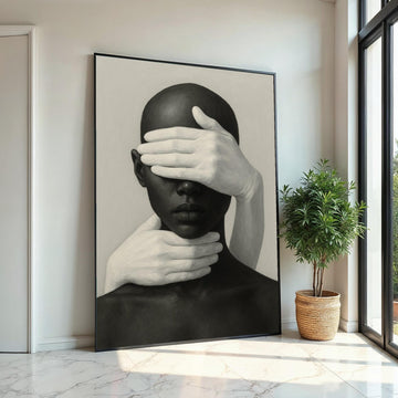 Abstract Hands Portrait Canvas, Monochrome Wall Art, Face and Hands Art Print, Modern Minimalist Canvas, Ready to Hang Decoration