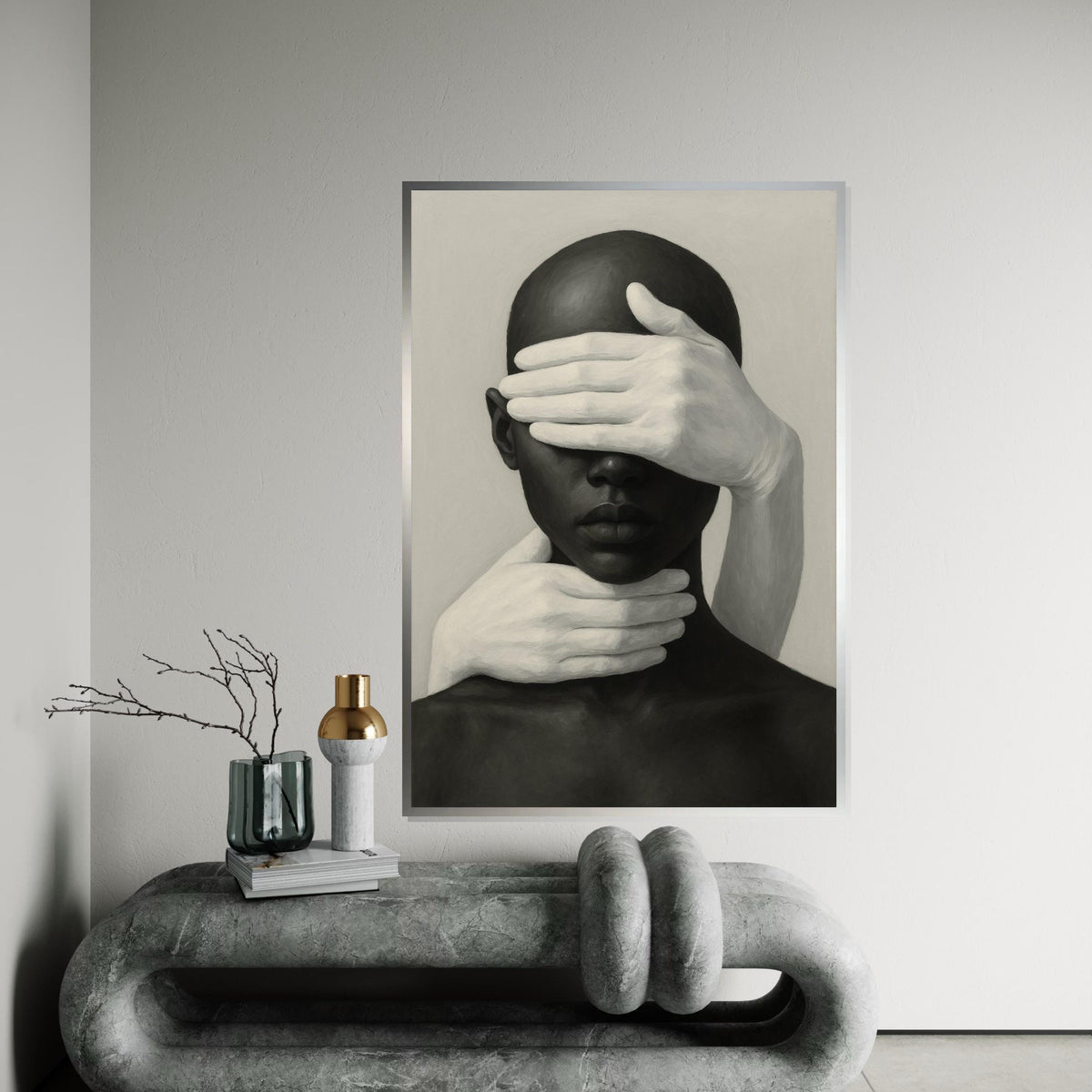 Abstract Hands Portrait Canvas, Monochrome Wall Art, Face and Hands Art Print, Modern Minimalist Canvas, Ready to Hang Decoration