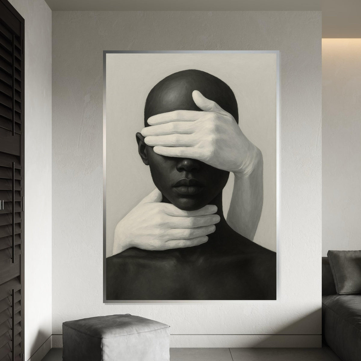 Abstract Hands Portrait Canvas, Monochrome Wall Art, Face and Hands Art Print, Modern Minimalist Canvas, Ready to Hang Decoration