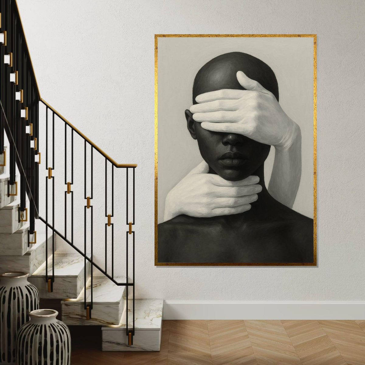Abstract Hands Portrait Canvas, Monochrome Wall Art, Face and Hands Art Print, Modern Minimalist Canvas, Ready to Hang Decoration