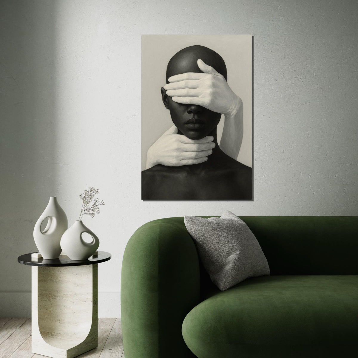 Abstract Hands Portrait Canvas, Monochrome Wall Art, Face and Hands Art Print, Modern Minimalist Canvas, Ready to Hang Decoration