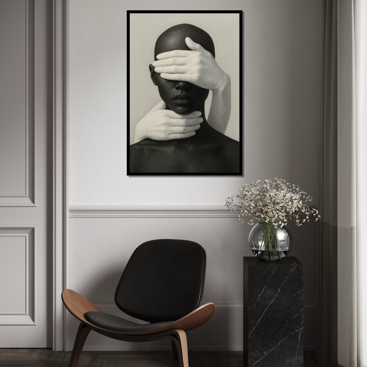 Abstract Hands Portrait Canvas, Monochrome Wall Art, Face and Hands Art Print, Modern Minimalist Canvas, Ready to Hang Decoration