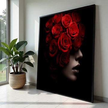 Woman Flower, Red Rose Silhouette, Floral Face Canvas Art, Elegant Roses Portrait Print, Wall Art Canvas Design, Ready to Hang Home Décor