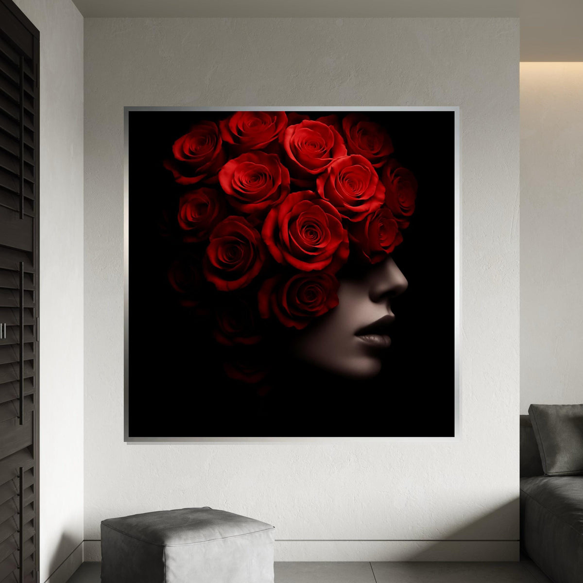 Woman Flower, Red Rose Silhouette, Floral Face Canvas Art, Elegant Roses Portrait Print, Wall Art Canvas Design, Ready to Hang Home Décor