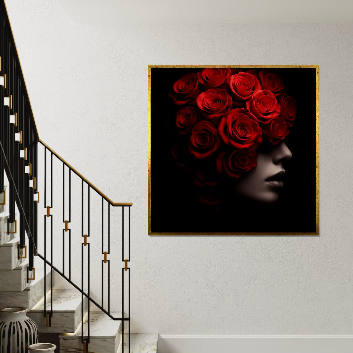 Woman Flower, Red Rose Silhouette, Floral Face Canvas Art, Elegant Roses Portrait Print, Wall Art Canvas Design, Ready to Hang Home Décor