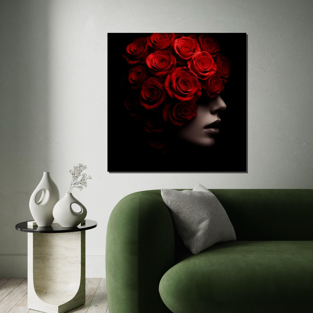 Woman Flower, Red Rose Silhouette, Floral Face Canvas Art, Elegant Roses Portrait Print, Wall Art Canvas Design, Ready to Hang Home Décor