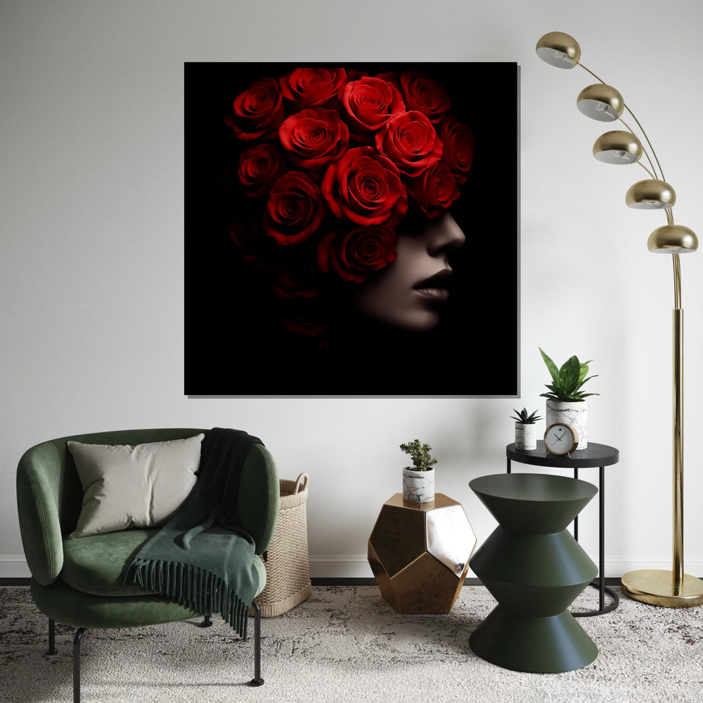 Woman Flower, Red Rose Silhouette, Floral Face Canvas Art, Elegant Roses Portrait Print, Wall Art Canvas Design, Ready to Hang Home Décor