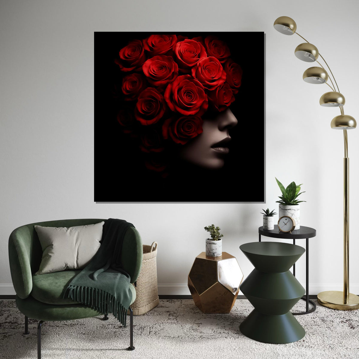 Woman Flower, Red Rose Silhouette, Floral Face Canvas Art, Elegant Roses Portrait Print, Wall Art Canvas Design, Ready to Hang Home Décor