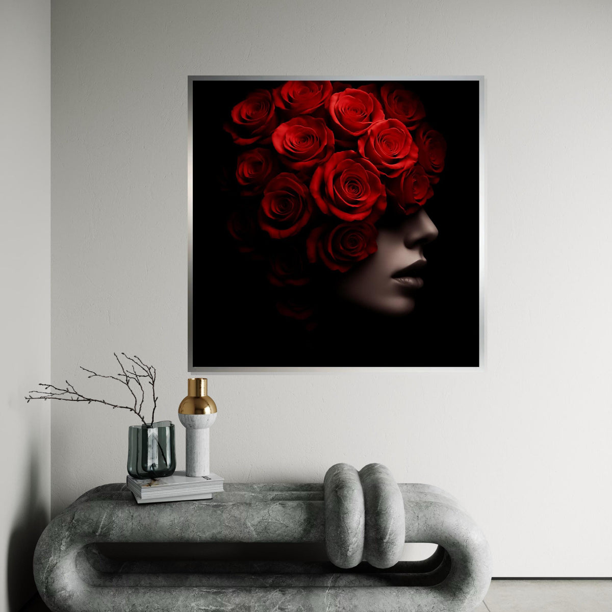 Woman Flower, Red Rose Silhouette, Floral Face Canvas Art, Elegant Roses Portrait Print, Wall Art Canvas Design, Ready to Hang Home Décor