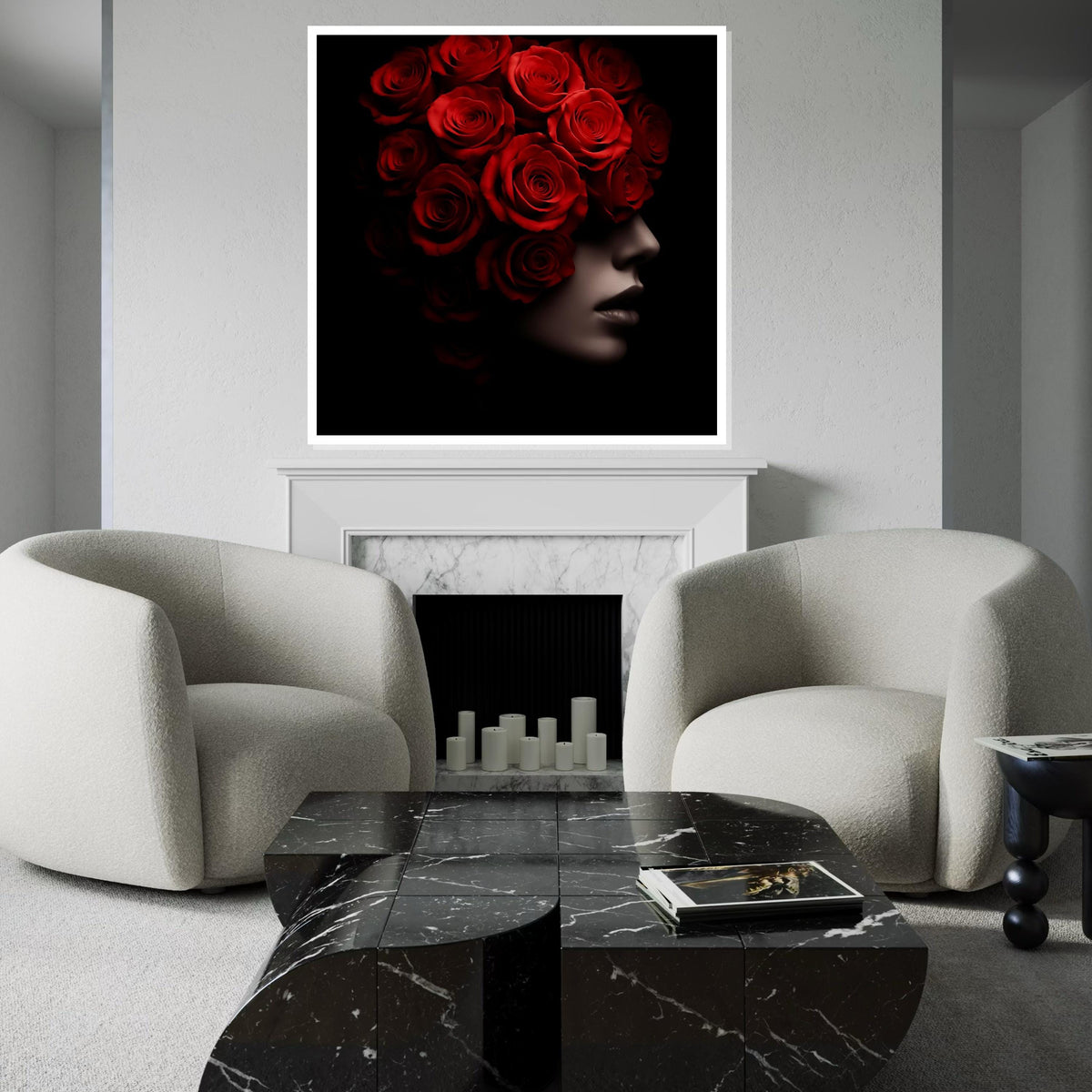 Woman Flower, Red Rose Silhouette, Floral Face Canvas Art, Elegant Roses Portrait Print, Wall Art Canvas Design, Ready to Hang Home Décor
