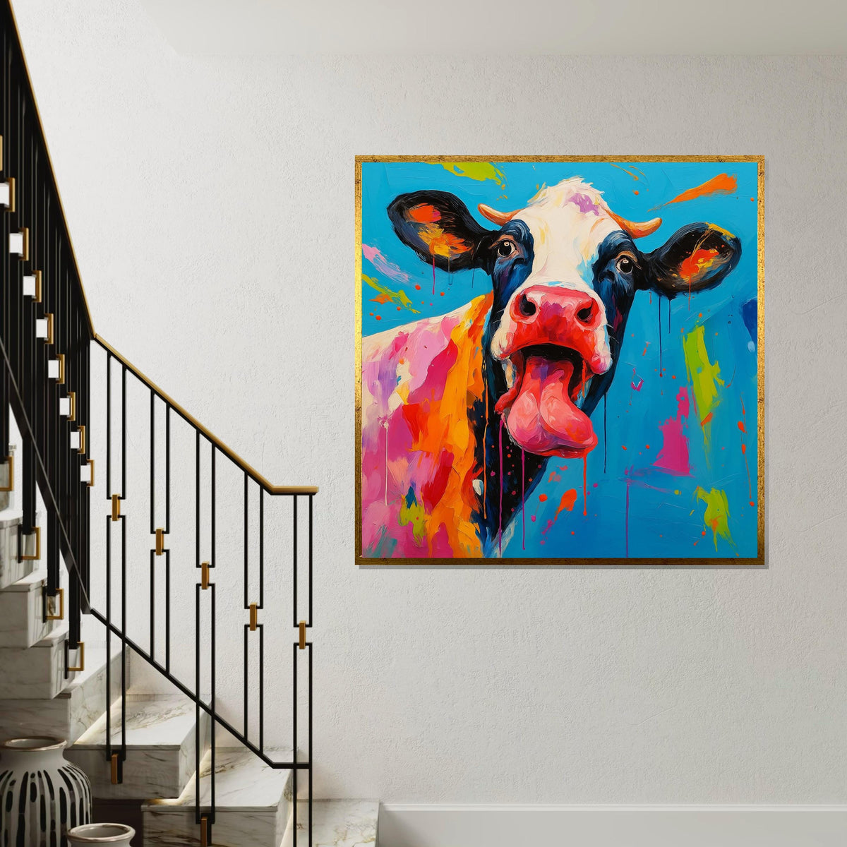 Playful Cow Canvas, Colorful Animal Art, Quirky Cow Wall Print, Art Canvas Design, Ready To Hang Wall Decoration, Licking Tongue Cow