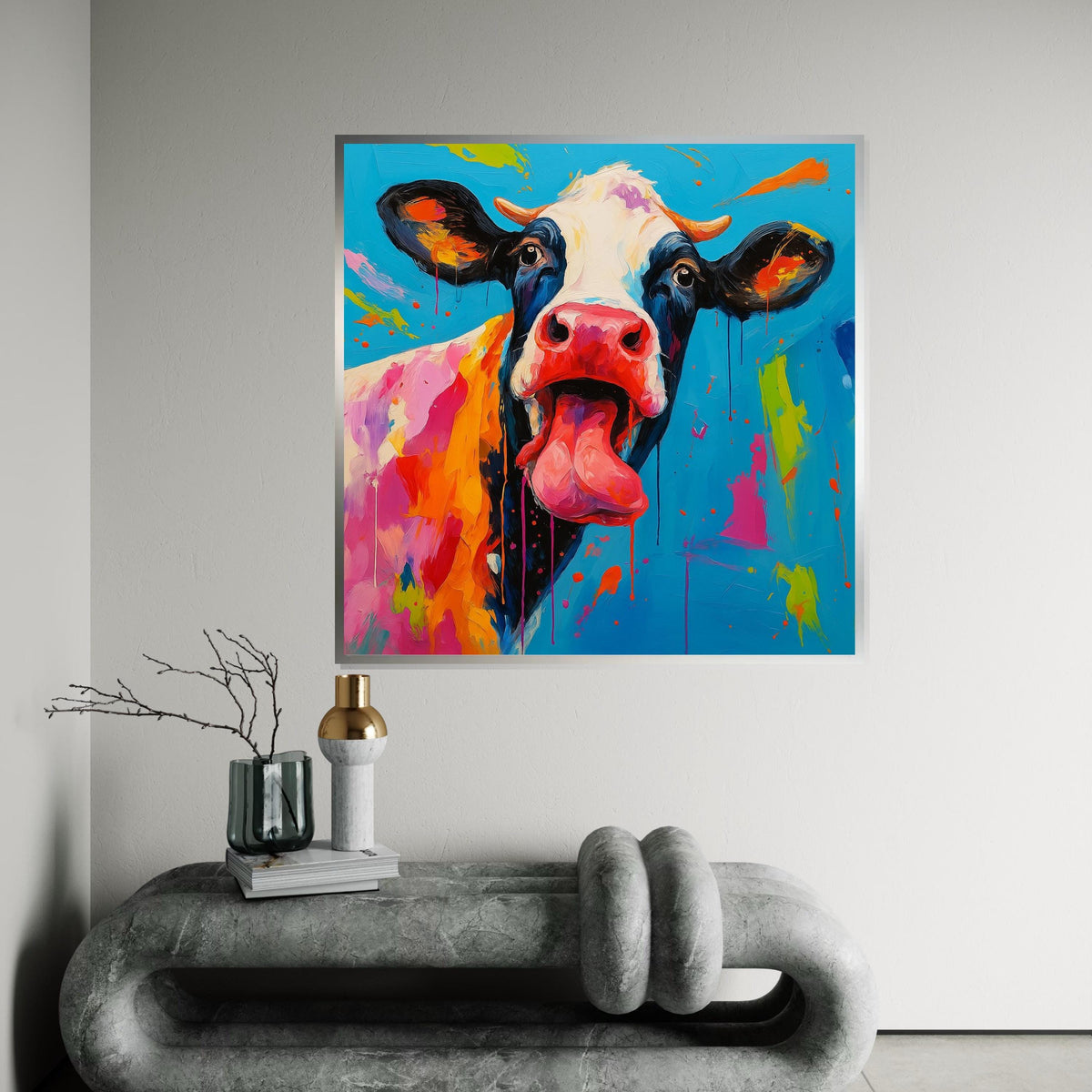 Playful Cow Canvas, Colorful Animal Art, Quirky Cow Wall Print, Art Canvas Design, Ready To Hang Wall Decoration, Licking Tongue Cow