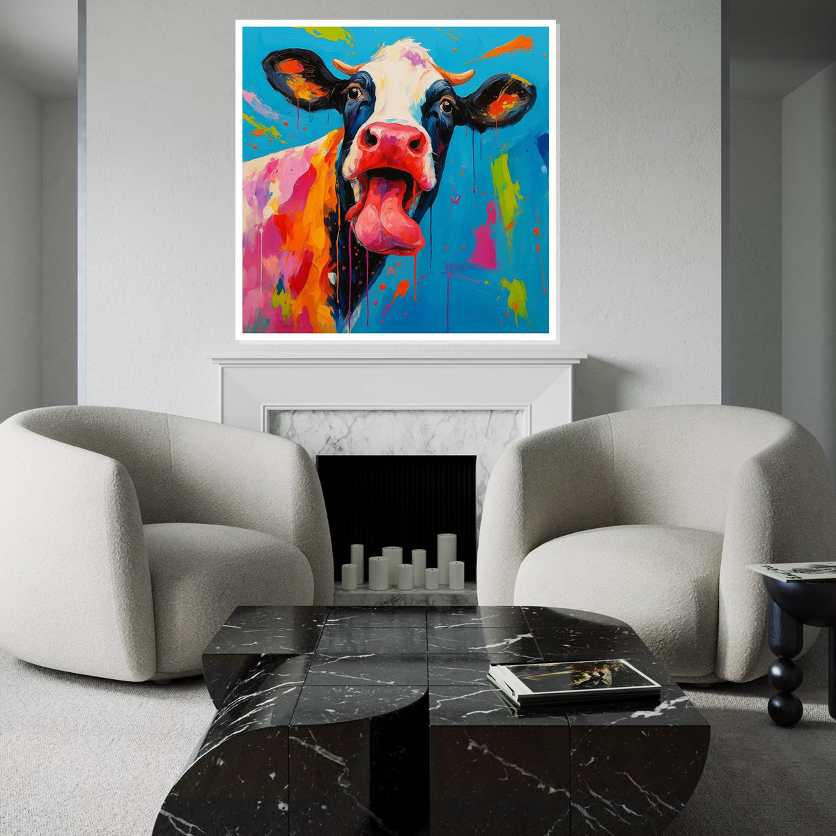 Playful Cow Canvas, Colorful Animal Art, Quirky Cow Wall Print, Art Canvas Design, Ready To Hang Wall Decoration, Licking Tongue Cow