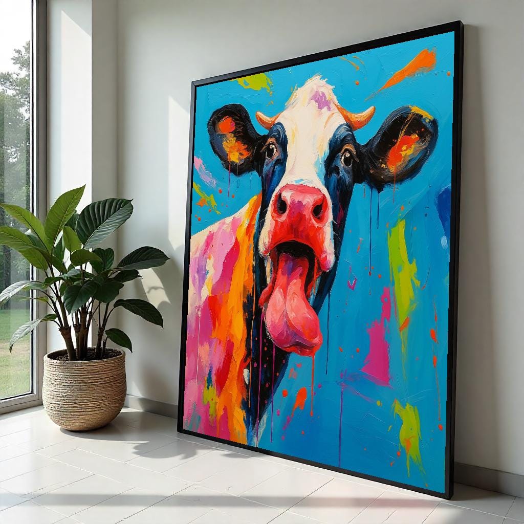 Playful Cow Canvas, Colorful Animal Art, Quirky Cow Wall Print, Art Canvas Design, Ready To Hang Wall Decoration, Licking Tongue Cow