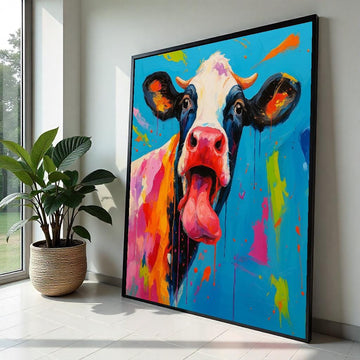 Playful Cow Canvas, Colorful Animal Art, Quirky Cow Wall Print, Art Canvas Design, Ready To Hang Wall Decoration, Licking Tongue Cow