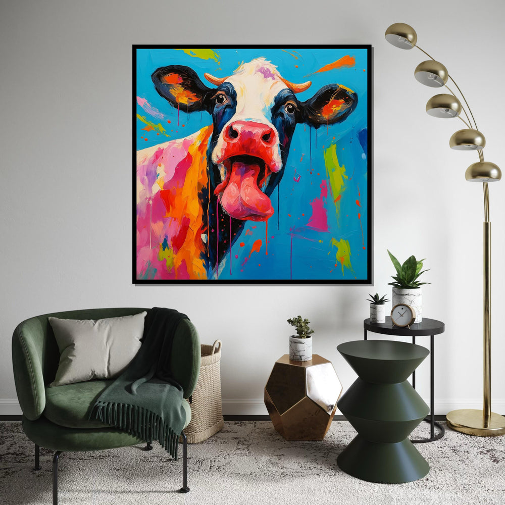 Playful Cow Canvas, Colorful Animal Art, Quirky Cow Wall Print, Art Canvas Design, Ready To Hang Wall Decoration, Licking Tongue Cow