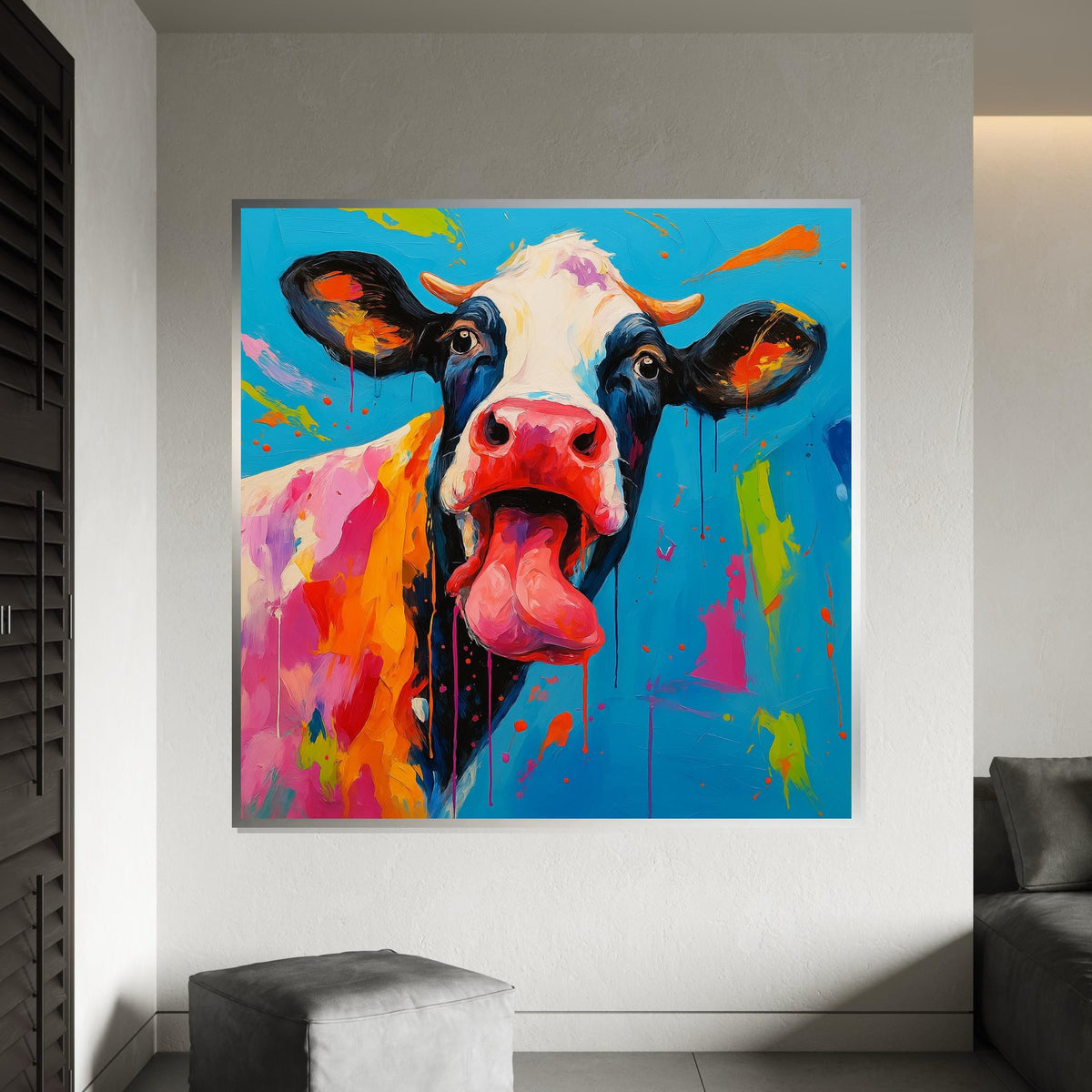 Playful Cow Canvas, Colorful Animal Art, Quirky Cow Wall Print, Art Canvas Design, Ready To Hang Wall Decoration, Licking Tongue Cow