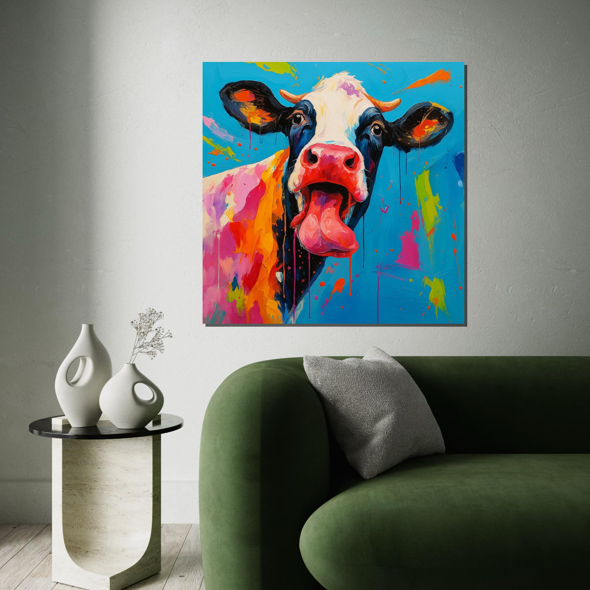 Playful Cow Canvas, Colorful Animal Art, Quirky Cow Wall Print, Art Canvas Design, Ready To Hang Wall Decoration, Licking Tongue Cow