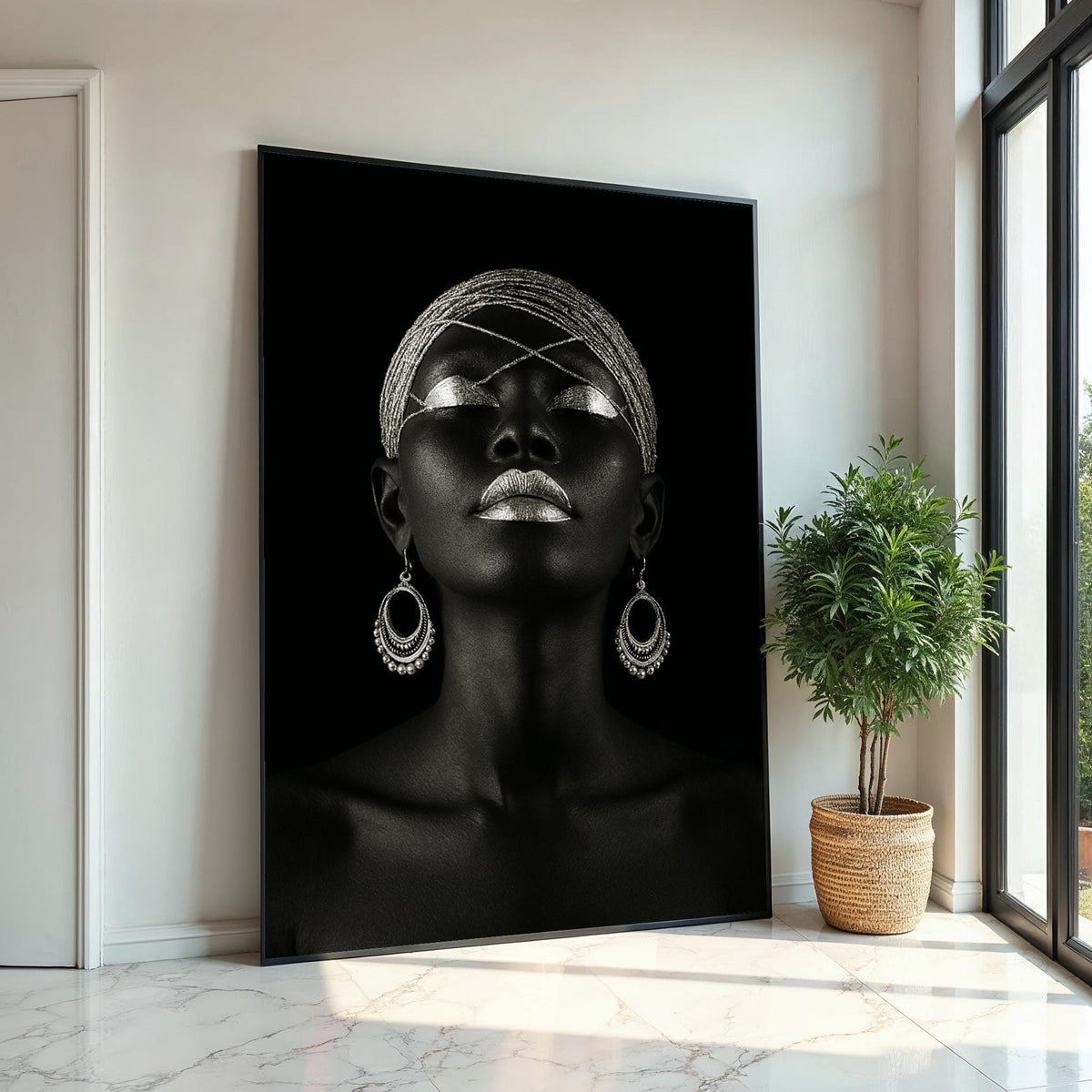 Silver Elegance Canvas, Afro Woman Art, Ethnic Wall Art, Bold Portrait Print, Art Deco Style, Wall Art Canvas Design, Ready to Hang Decor