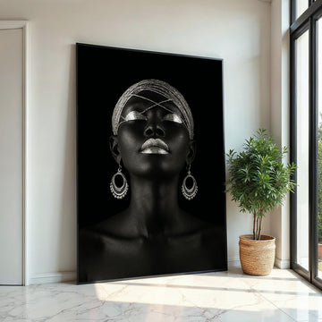 Silver Elegance Canvas, Afro Woman Art, Ethnic Wall Art, Bold Portrait Print, Art Deco Style, Wall Art Canvas Design, Ready to Hang Decor