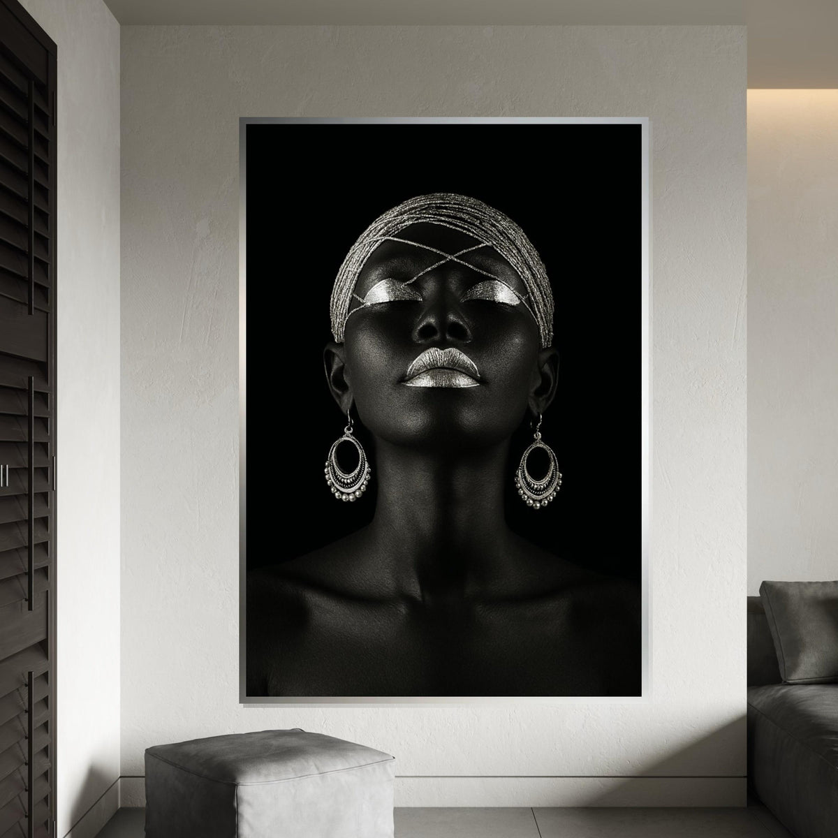 Silver Elegance Canvas, Afro Woman Art, Ethnic Wall Art, Bold Portrait Print, Art Deco Style, Wall Art Canvas Design, Ready to Hang Decor