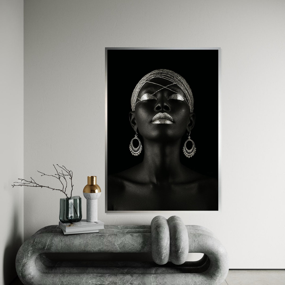 Silver Elegance Canvas, Afro Woman Art, Ethnic Wall Art, Bold Portrait Print, Art Deco Style, Wall Art Canvas Design, Ready to Hang Decor