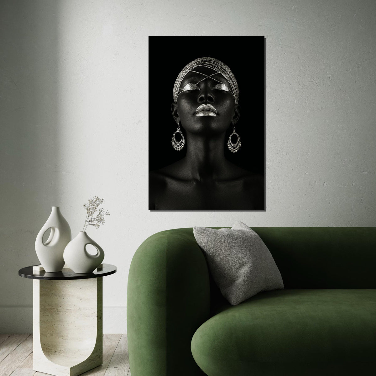 Silver Elegance Canvas, Afro Woman Art, Ethnic Wall Art, Bold Portrait Print, Art Deco Style, Wall Art Canvas Design, Ready to Hang Decor