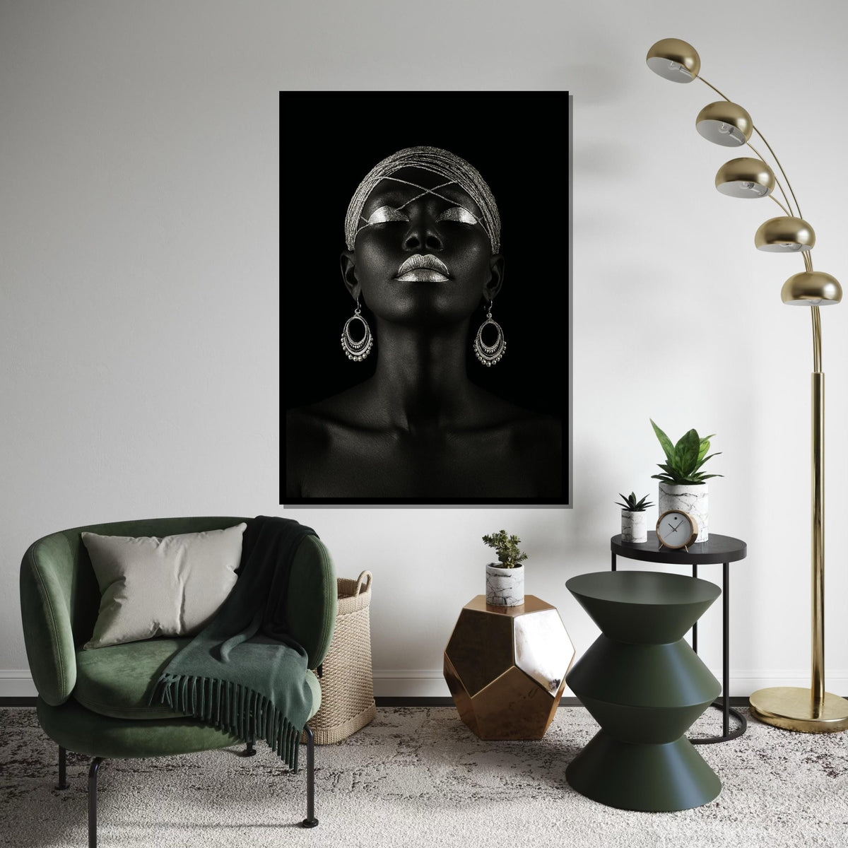 Silver Elegance Canvas, Afro Woman Art, Ethnic Wall Art, Bold Portrait Print, Art Deco Style, Wall Art Canvas Design, Ready to Hang Decor