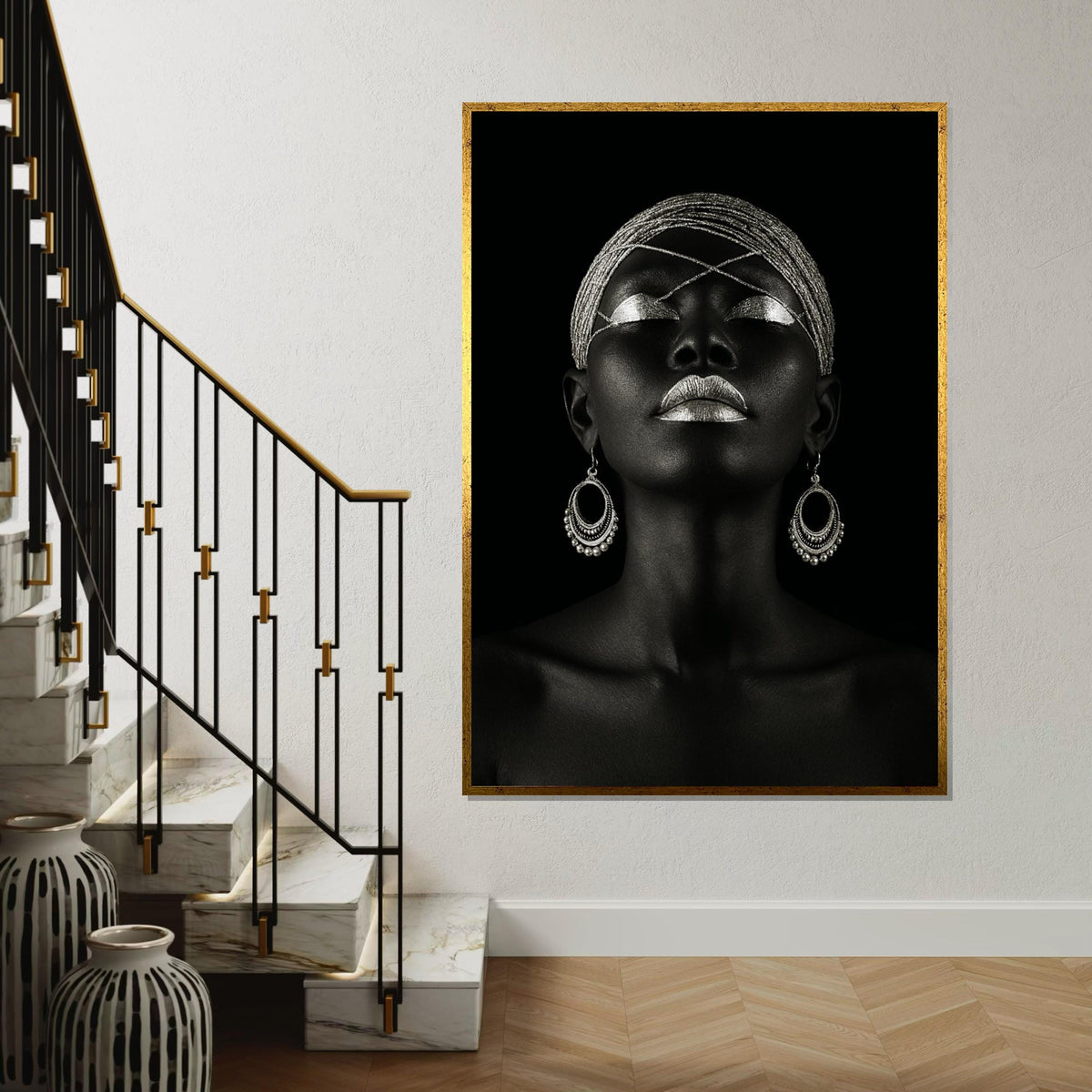 Silver Elegance Canvas, Afro Woman Art, Ethnic Wall Art, Bold Portrait Print, Art Deco Style, Wall Art Canvas Design, Ready to Hang Decor