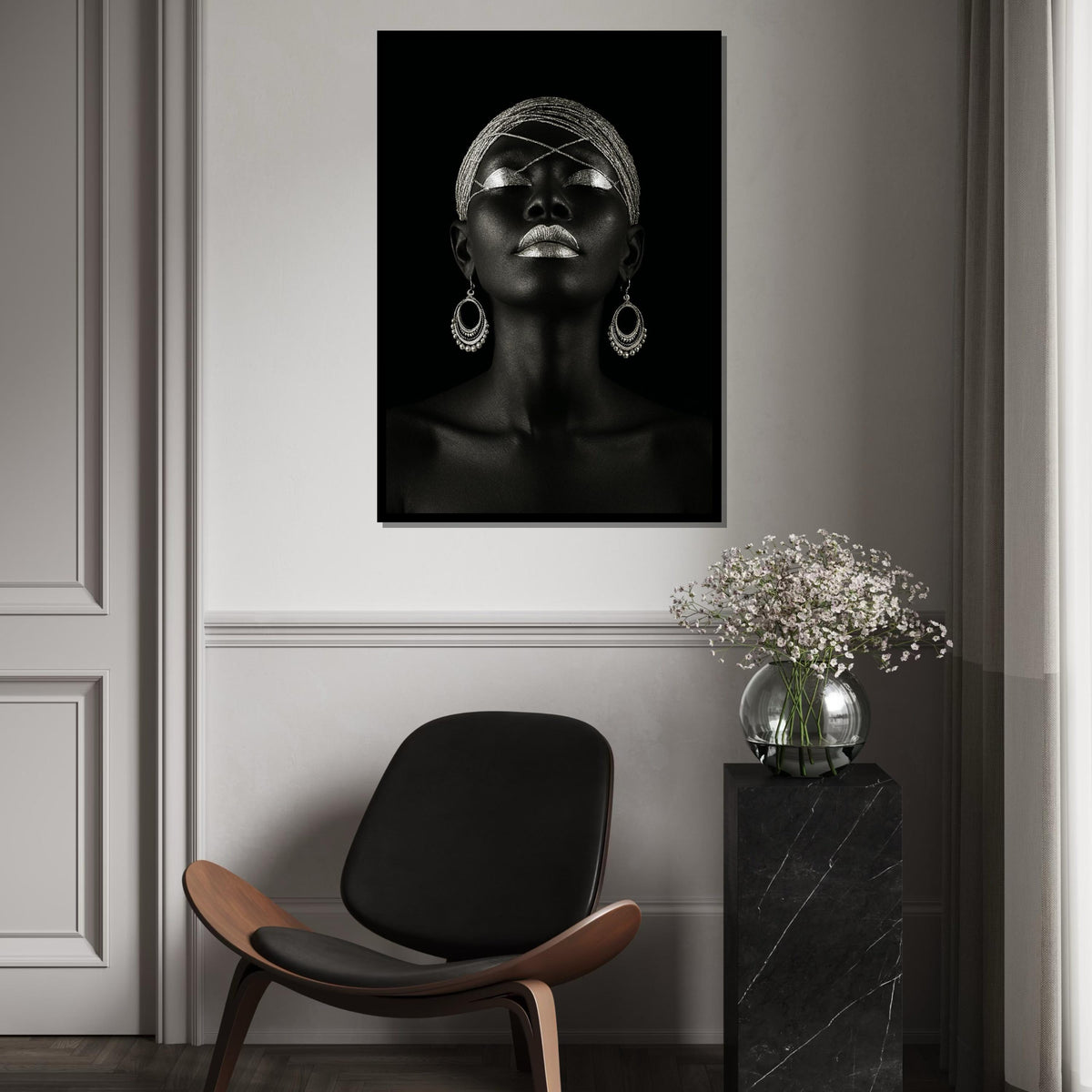 Silver Elegance Canvas, Afro Woman Art, Ethnic Wall Art, Bold Portrait Print, Art Deco Style, Wall Art Canvas Design, Ready to Hang Decor
